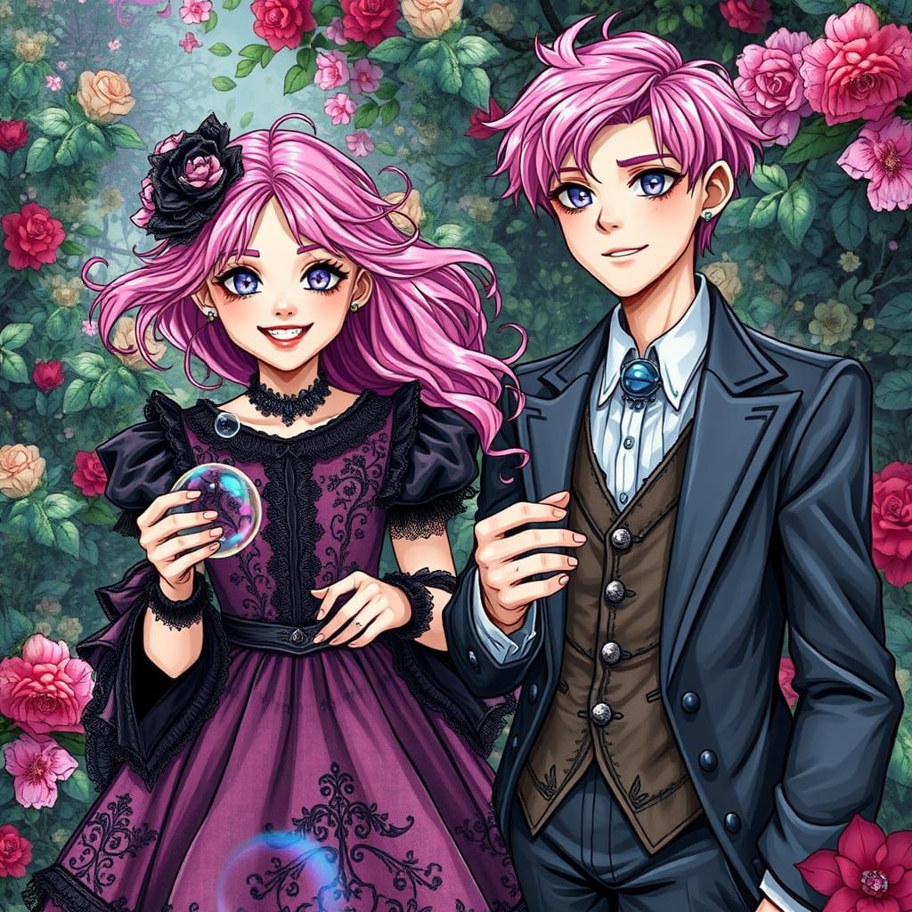 Pink-Haired Siblings Play in Gothic Garden