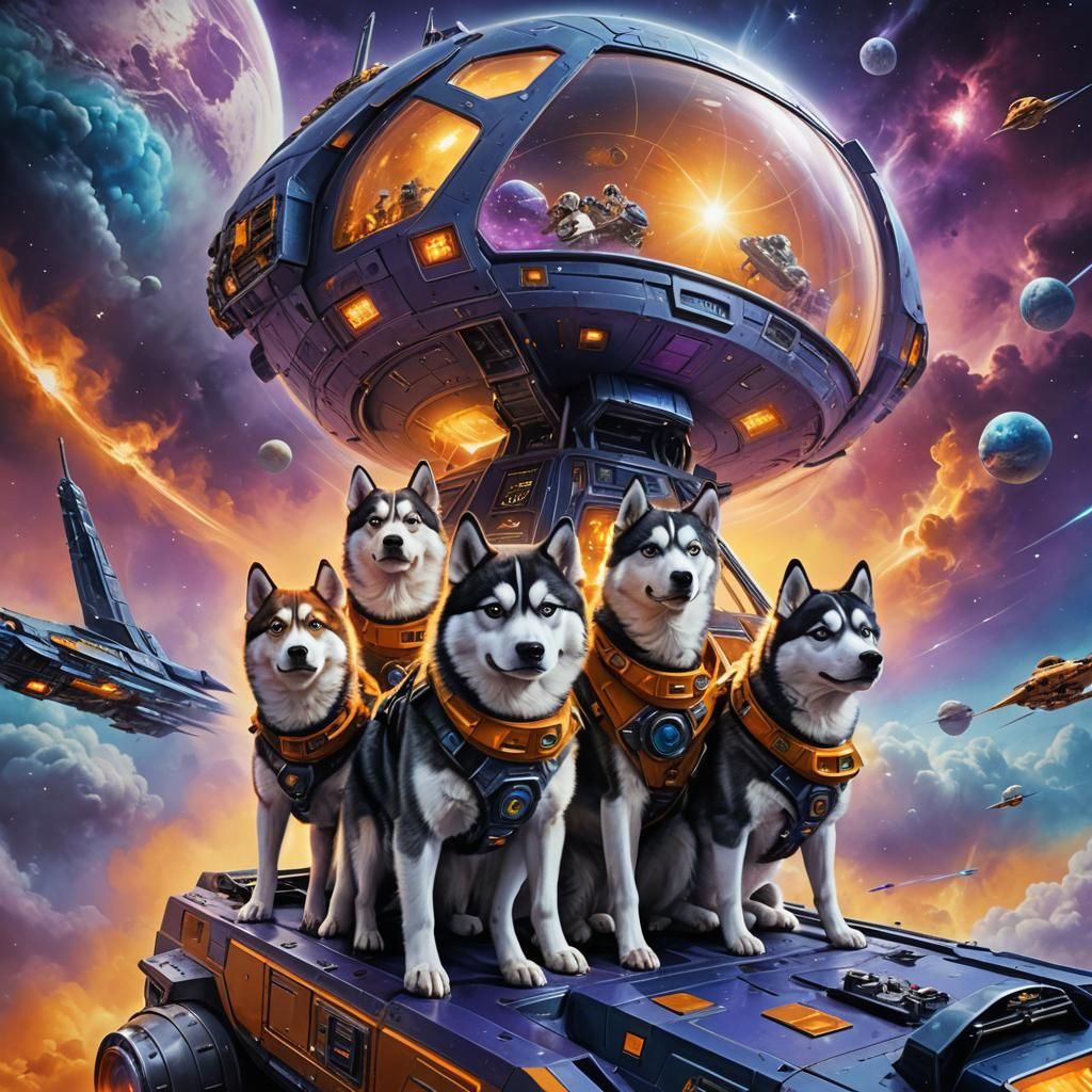 Huskies Pilot Spaceship in Sci-Fi Fantasy Art