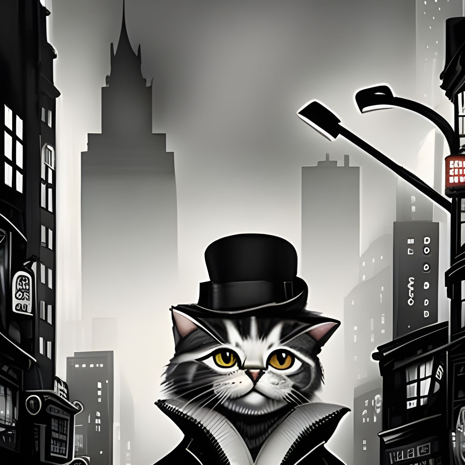 Cat Detective in 1940s Noir Cityscape