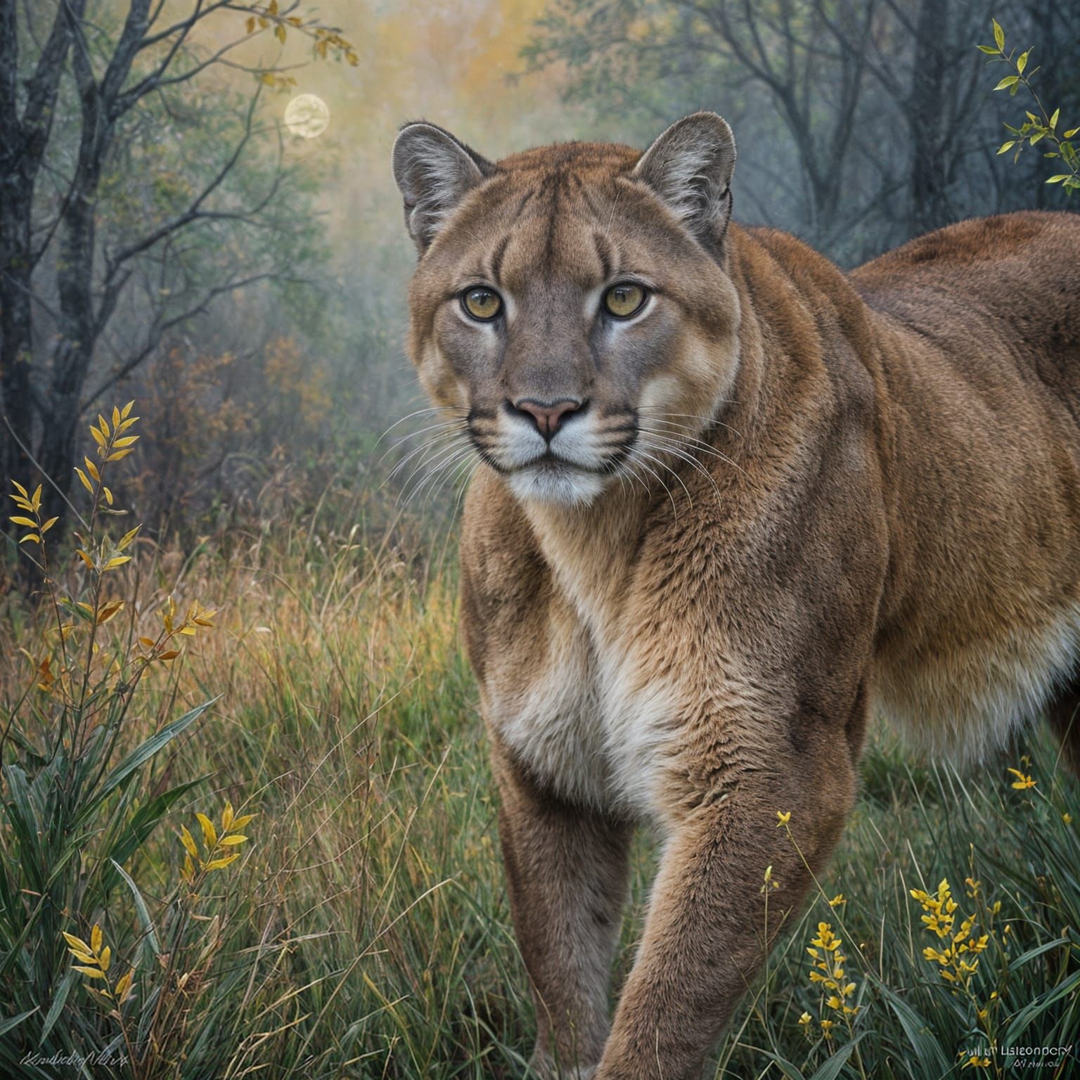 Mountain Lion in Meadow: Impressionistic November Night