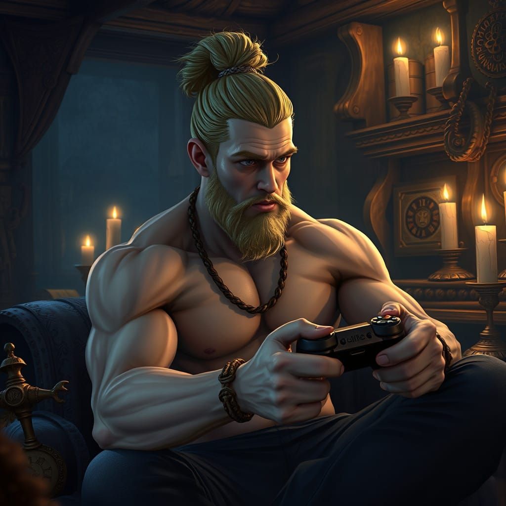 Mystical Gamer in a Dimly Lit Game Room