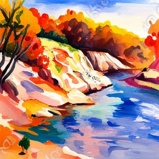 Impressionist Watercolor River in Gouache Style