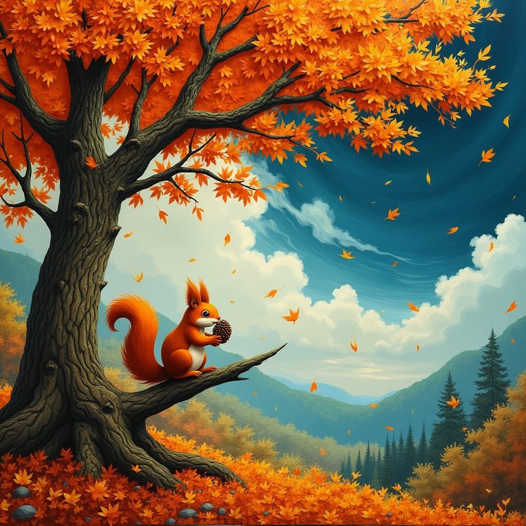 Autumn Forest Landscape with Squirrel and Orange Leaves