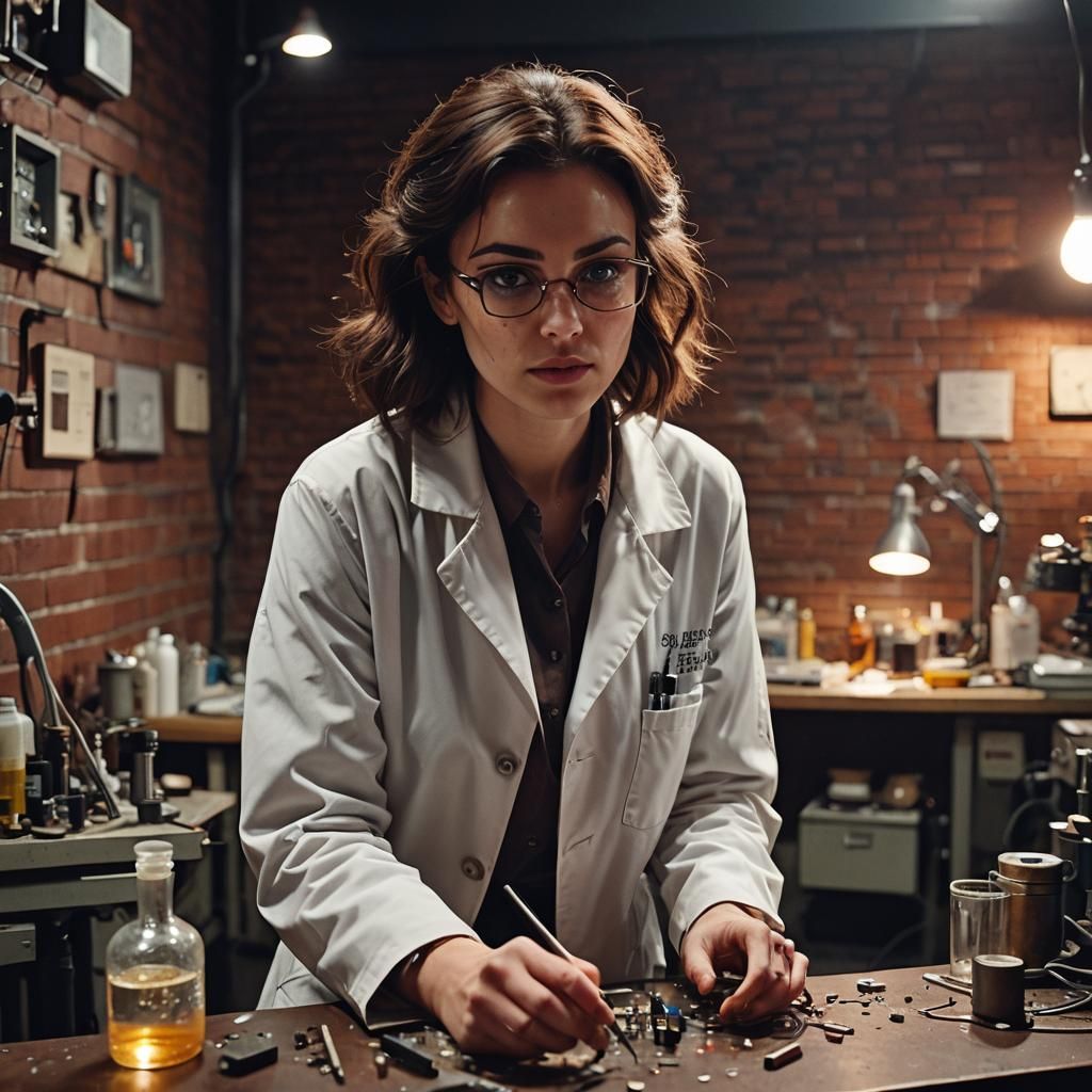 Brunette Scientist in Dimly Lit Detroit Lab