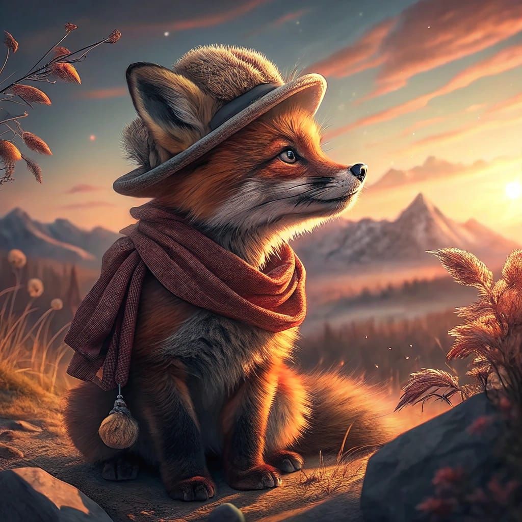 Whimsical Fox Cub in Warm Attire, Amidst a Golden Hour Lands...