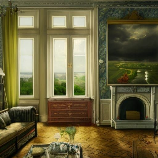 Realistic Living Room with Countryside View