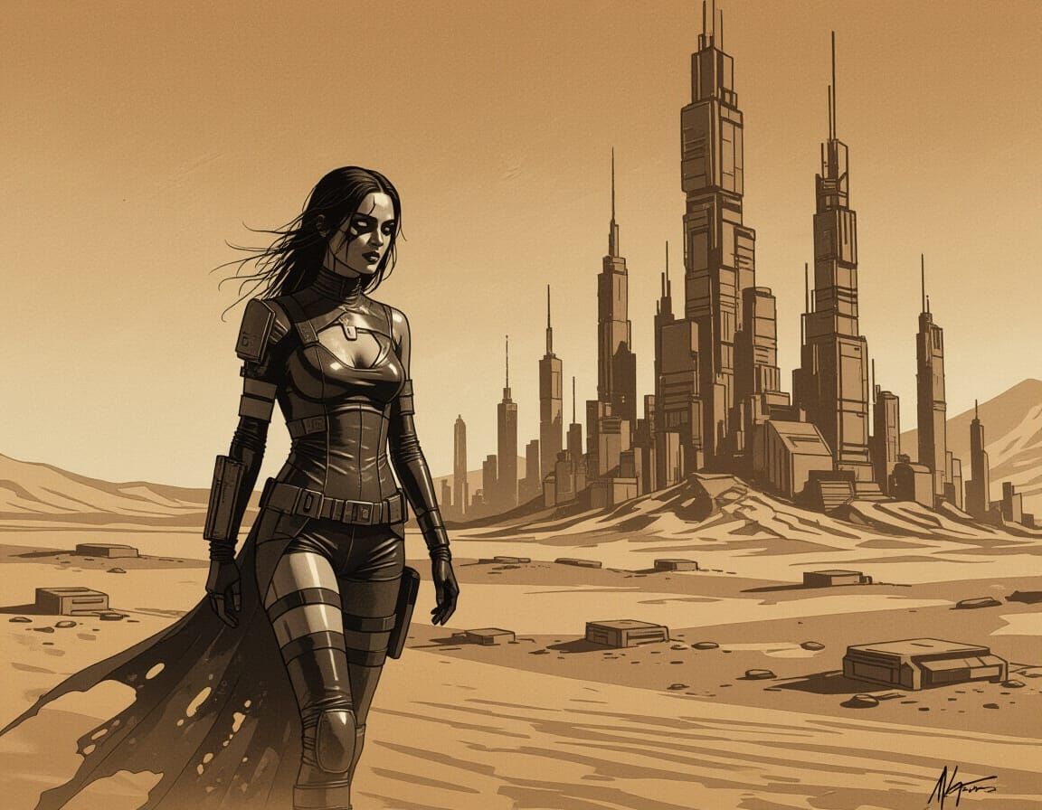 Woman in Scavenged Tech City, Monochrome Chiaroscuro