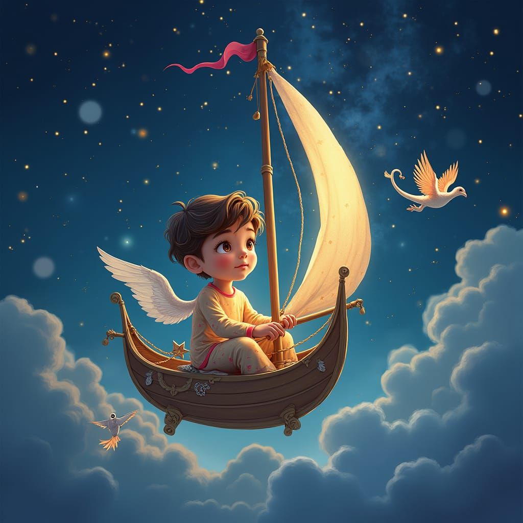 Boy Sails Starry Sky in Dreamlike Scene