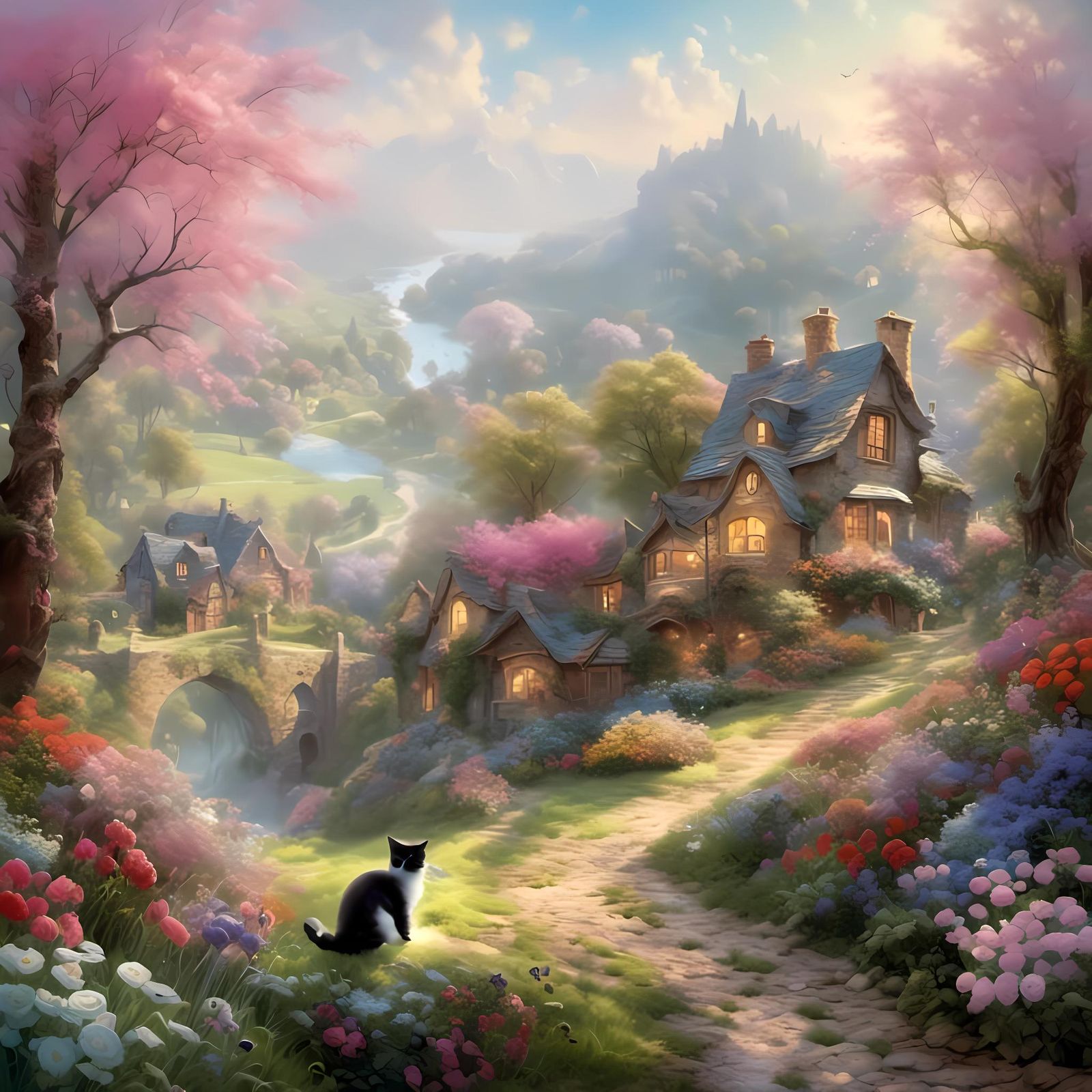 Kitten in Spring Landscape, Hyperrealistic Fantasy