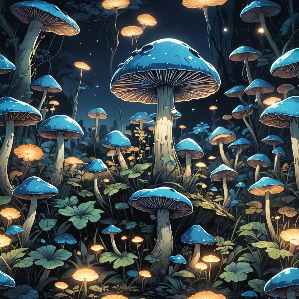 Glowing Blue Mushroom, Anime Cel-Shaded Art