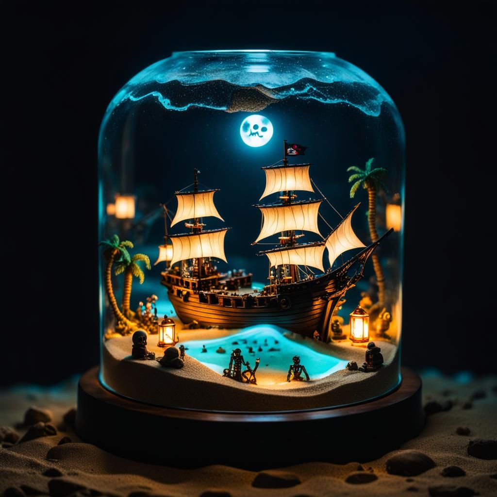 Miniature Pirate Ship and Skeleton in a Bottle