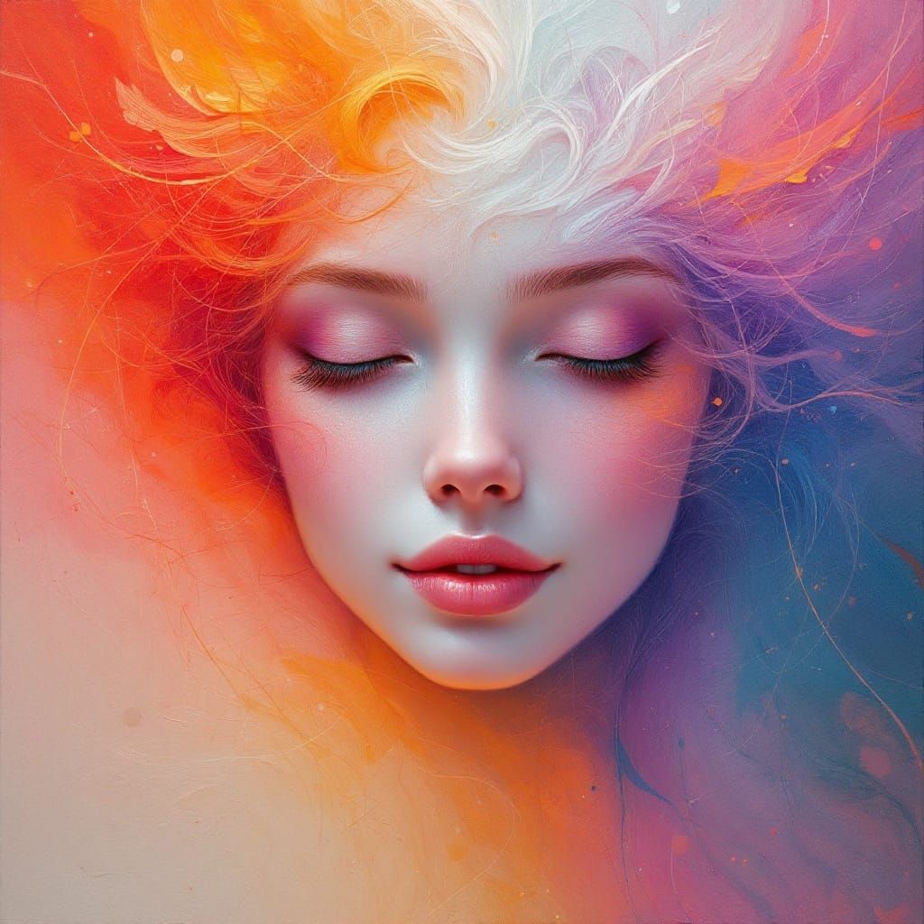 Surreal 3D Oil Painting of Angelic Face with Dreamy Blue Eye...