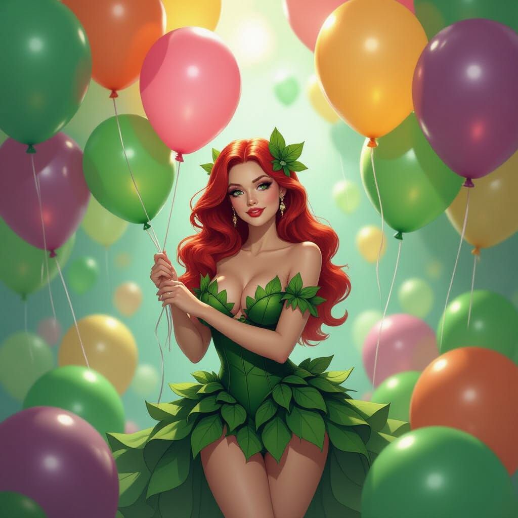 Poison Ivy Snuggles Colorful Balloons in Dreamlike Setting