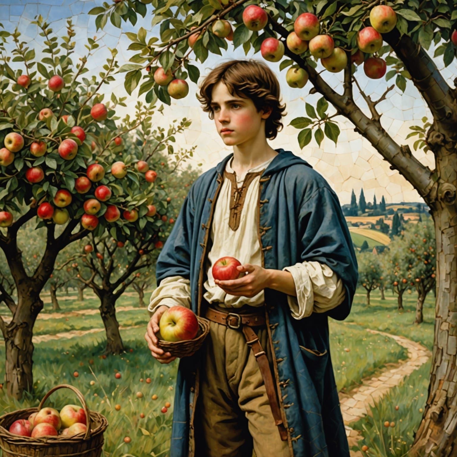 Medieval Boy Harvesting Apples in Mosaic Style