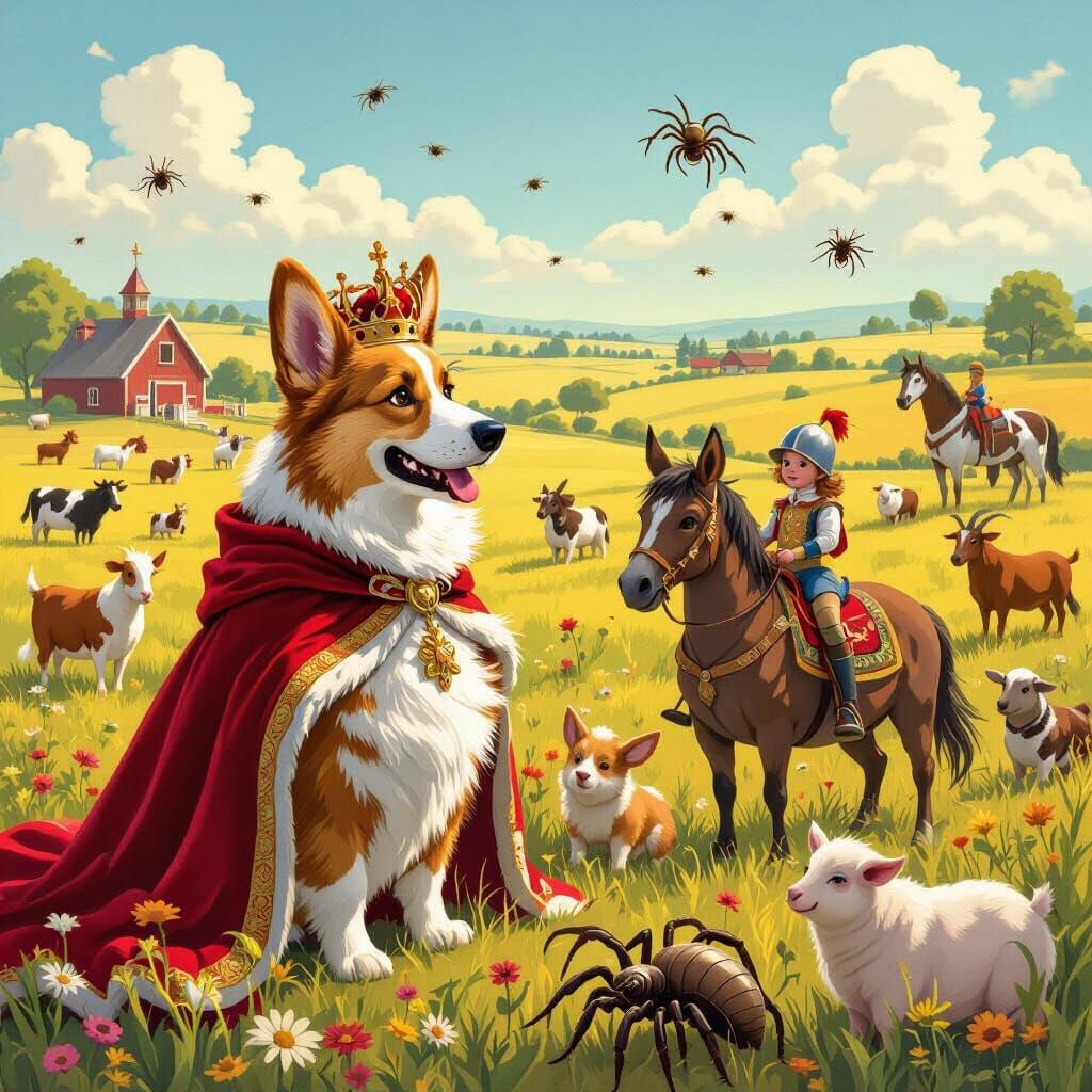 Regal Corgi King Defends Farm from Giant Spiders