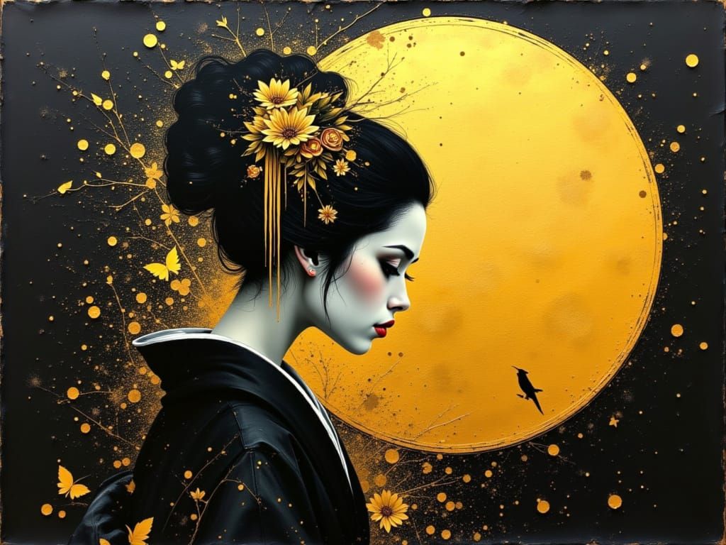 Gothic Geisha at Sunset in Burnished Gold and Ink Style