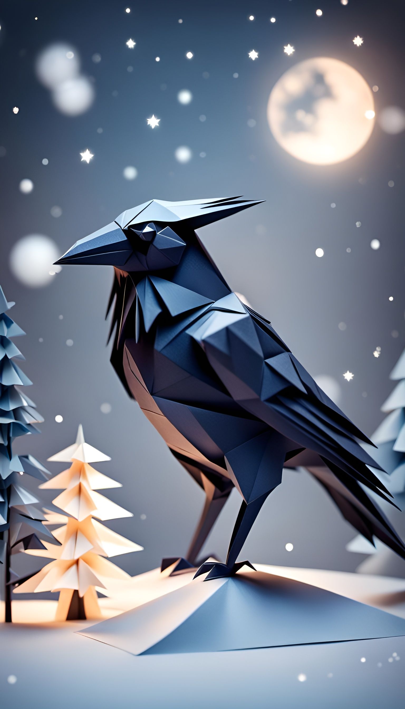 Origami Raven and Cat Christmas Night