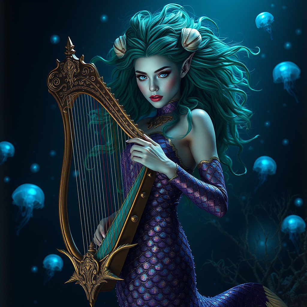 Majestic Siren Playing Harp in Bioluminescent Ocean