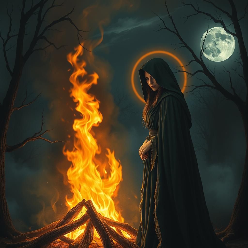 Mystical Woman at Samhain Bonfire in Symbolic Style