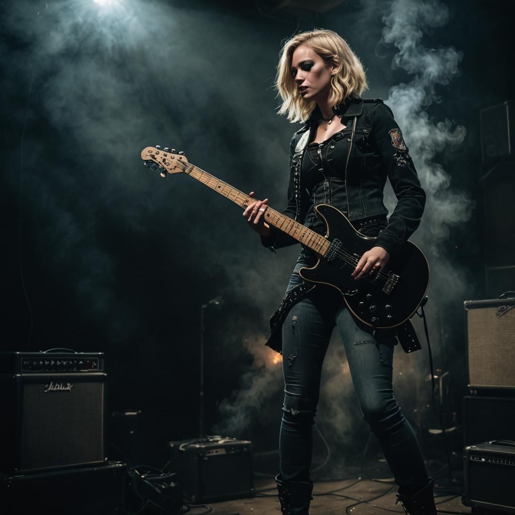 Gritty Portrait of Blonde Guitarist in Concert