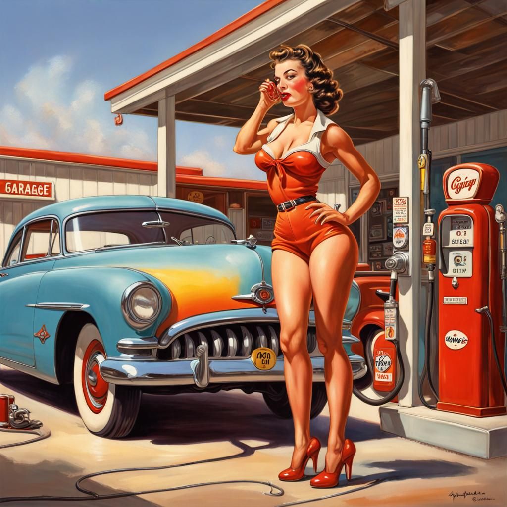 1950s Pin-Up Girl at Gas Station: Hyperrealistic Art