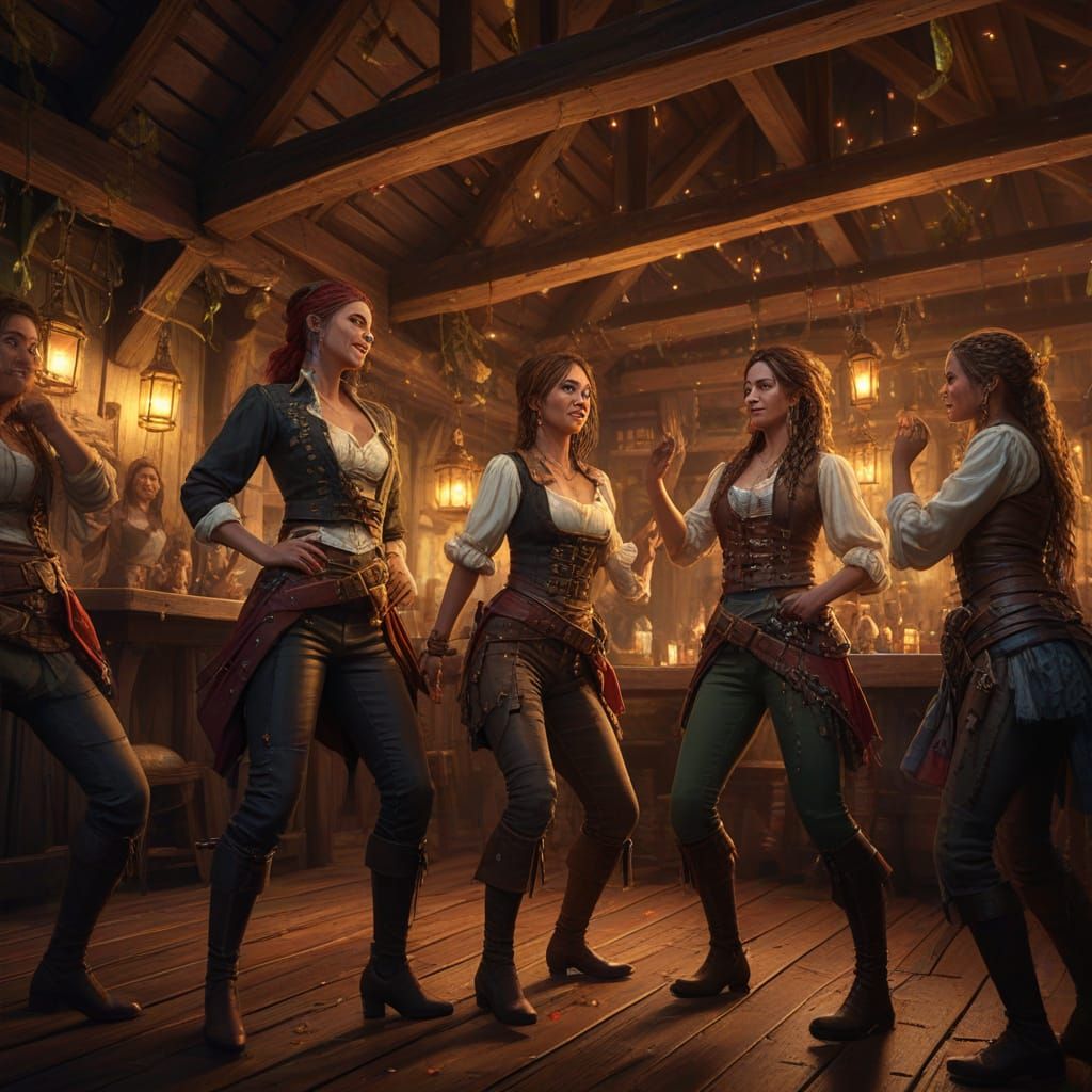 Vibrant Oil Painting of Female Pirates Dancing in Tavern