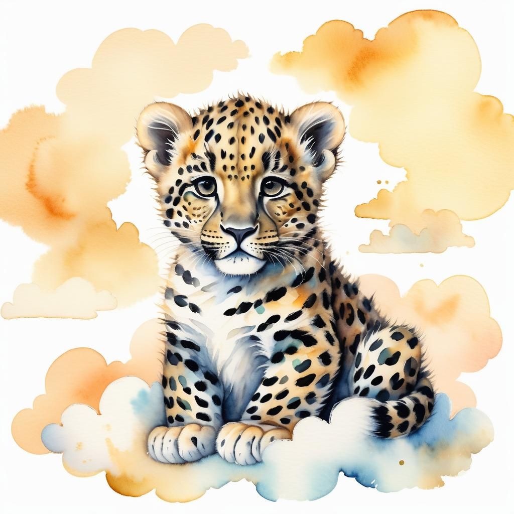 Leopard Cub on Cloud in Watercolor Style