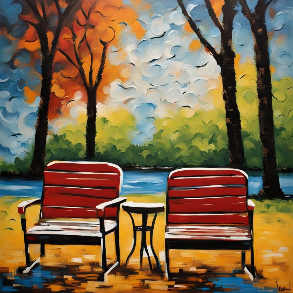 Park Chairs in Stencil Art with Impasto Texture