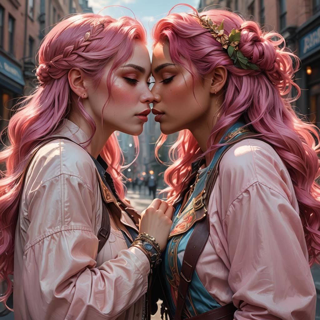 Girls' First Kiss: Hyperdetailed Digital Art Portrait
