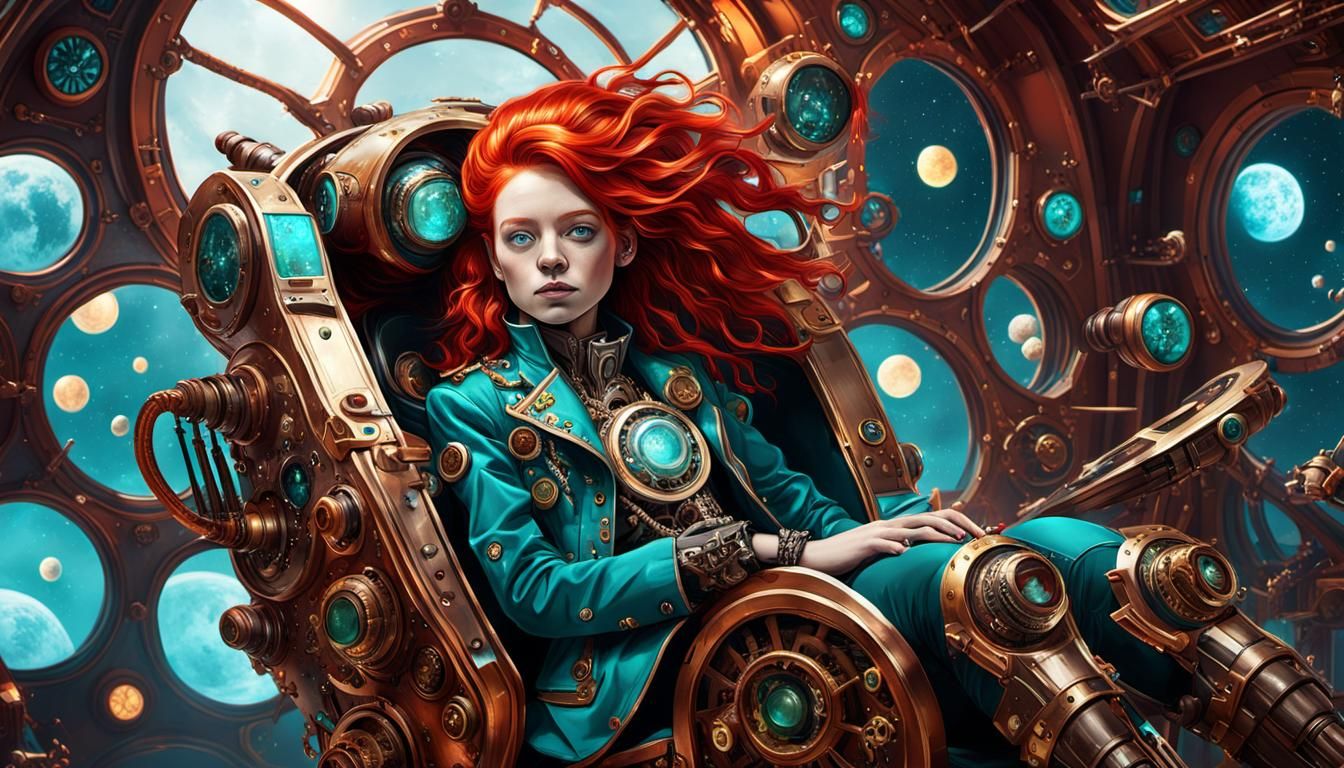 Girl on Biomechanical Throne in Steampunk Style