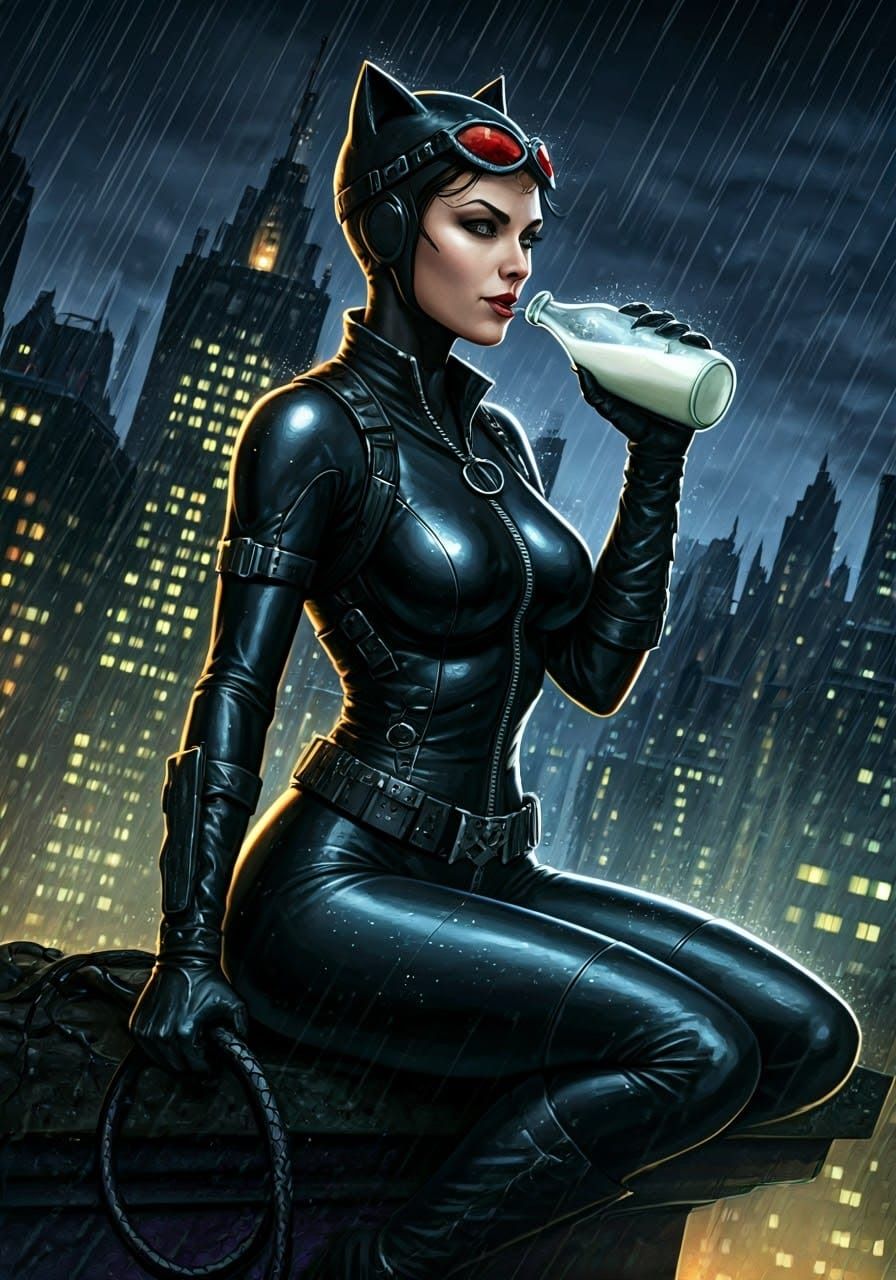 Catwoman in Gotham City Rooftop Oasis