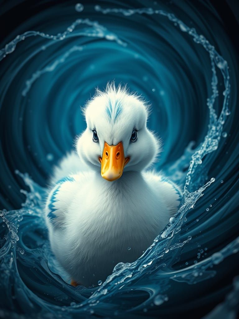 A whimsical and conceptual photograph of an adorable white duck with blue stripes transformed into the phenomenon panic....