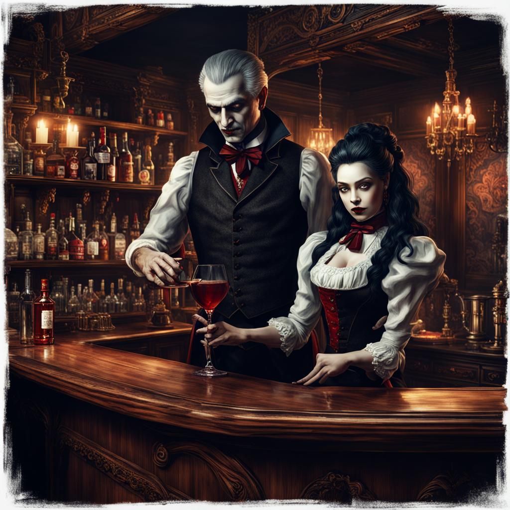 Vampire Bartender Serves Woman in Gothic Bar