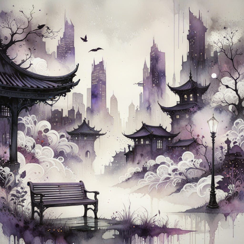 Whimsical City Bench in Watercolor