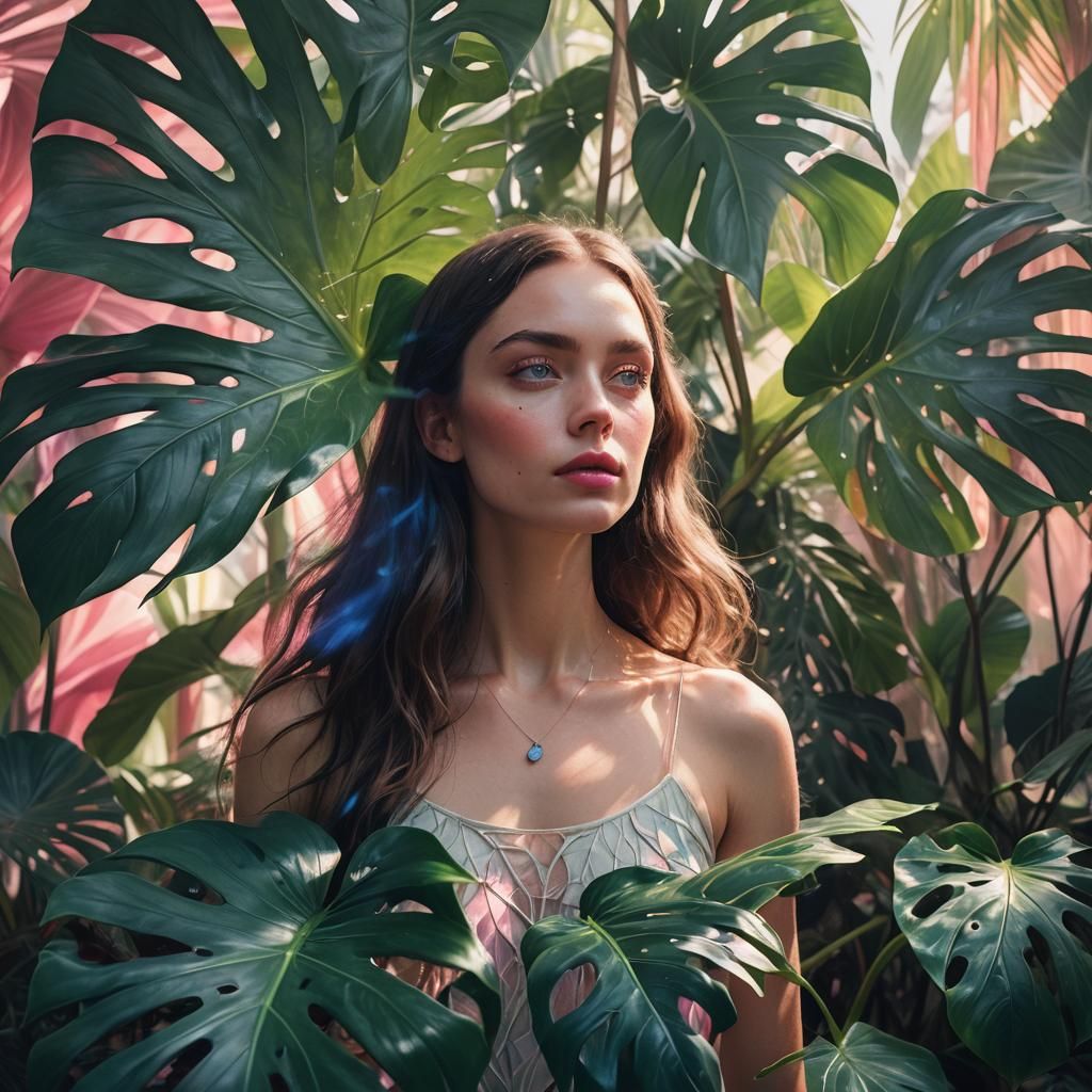 Girl Among Monstera Leaf Veins in Matte Painting Style