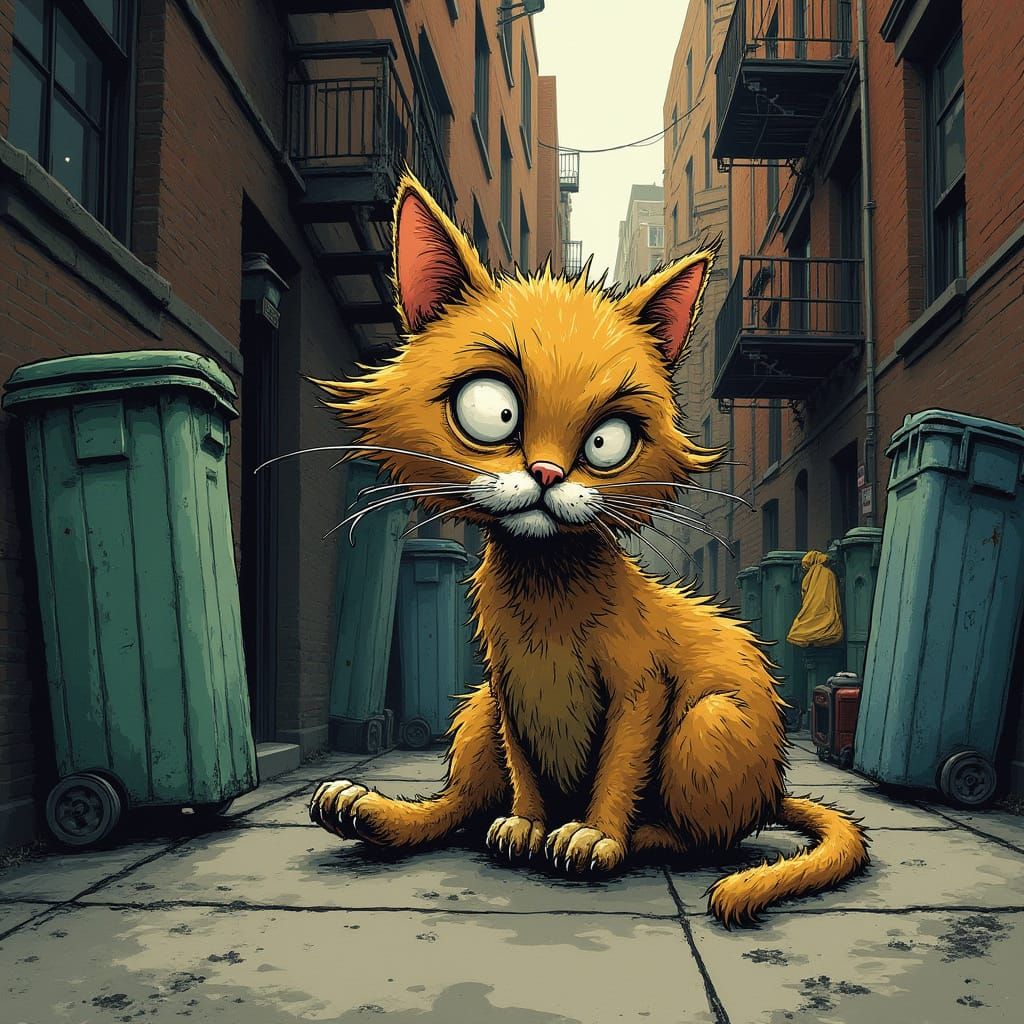 Mangy Alley Cat in Expressive Ink Splatters