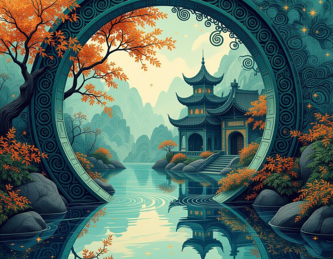 Teslapunk Chinese Ink Painting with Fractal Retrofuturism