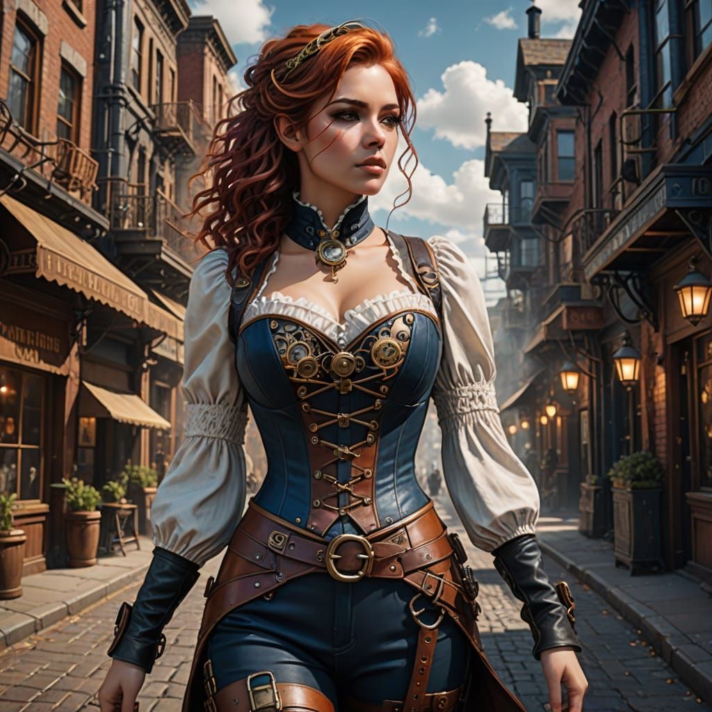 Steampunk Woman on Street: Fantasy Illustration