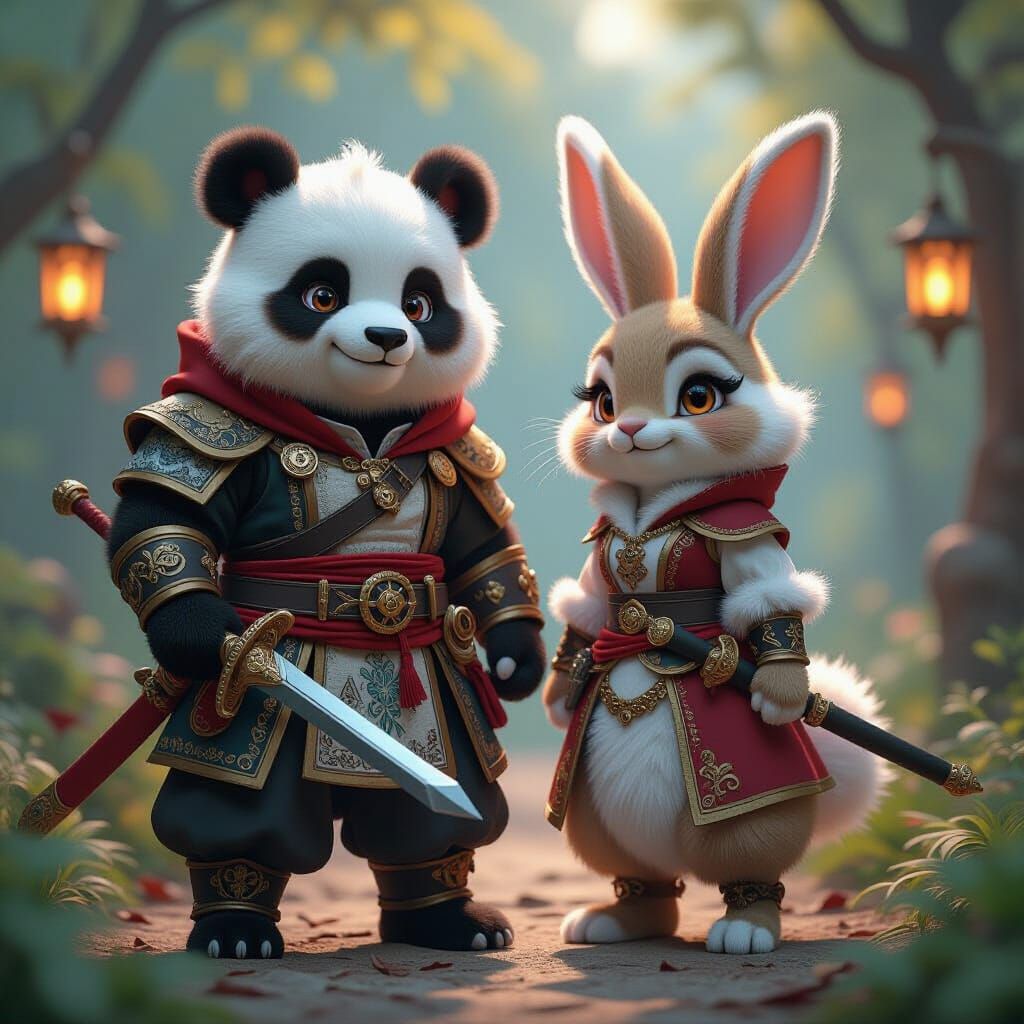 Fantasy Anthropomorphic Panda and Rabbit in Anime Style