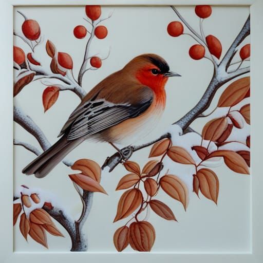 Winter Bird Among Berries in Botanical Surrealist Style