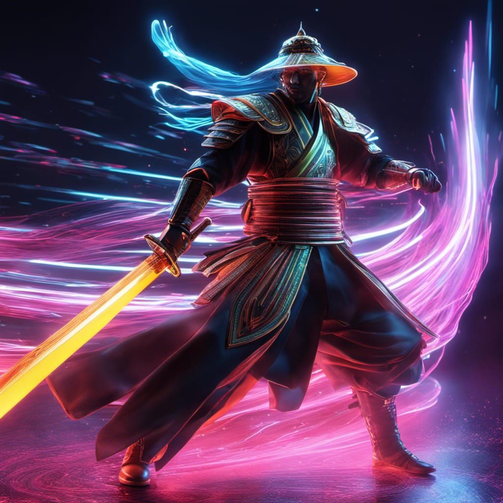 Neon Samurai Wielding Blades in Holographic Data Streams