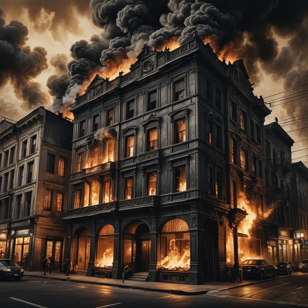 Burning Shophouse in Charcoal Drawing Style