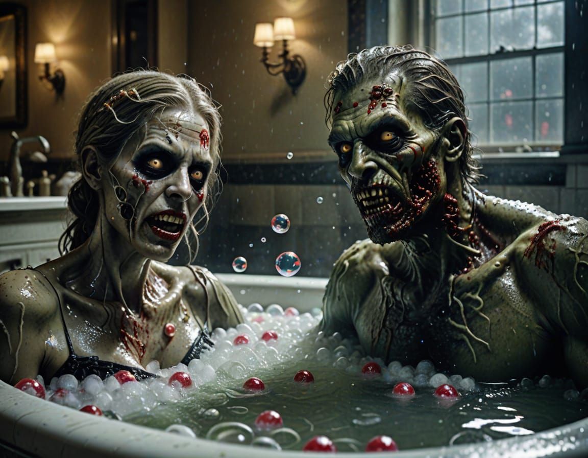 Zombies Relaxing in a Bubble Bath, Hyperrealistic Photo