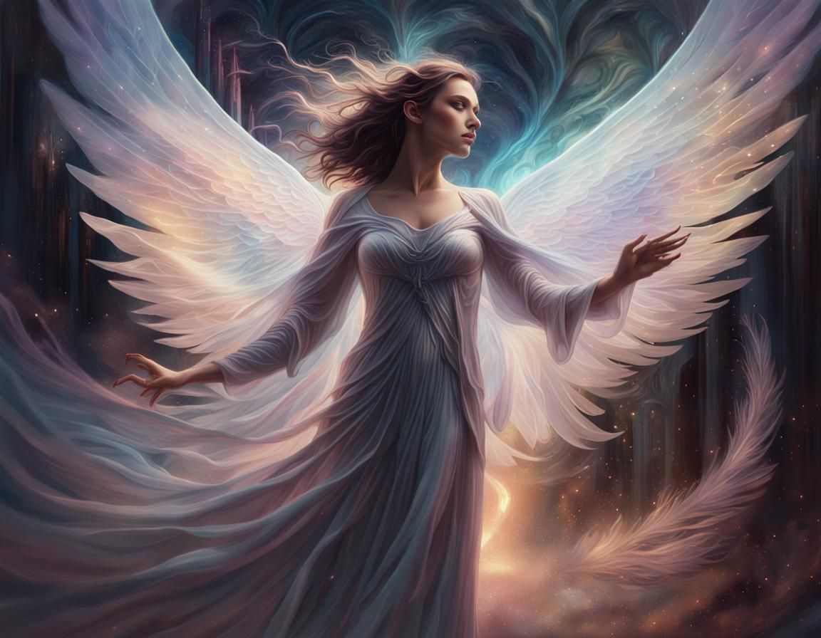 Dark Angel in Mystical Realm: Fantasy Oil Painting