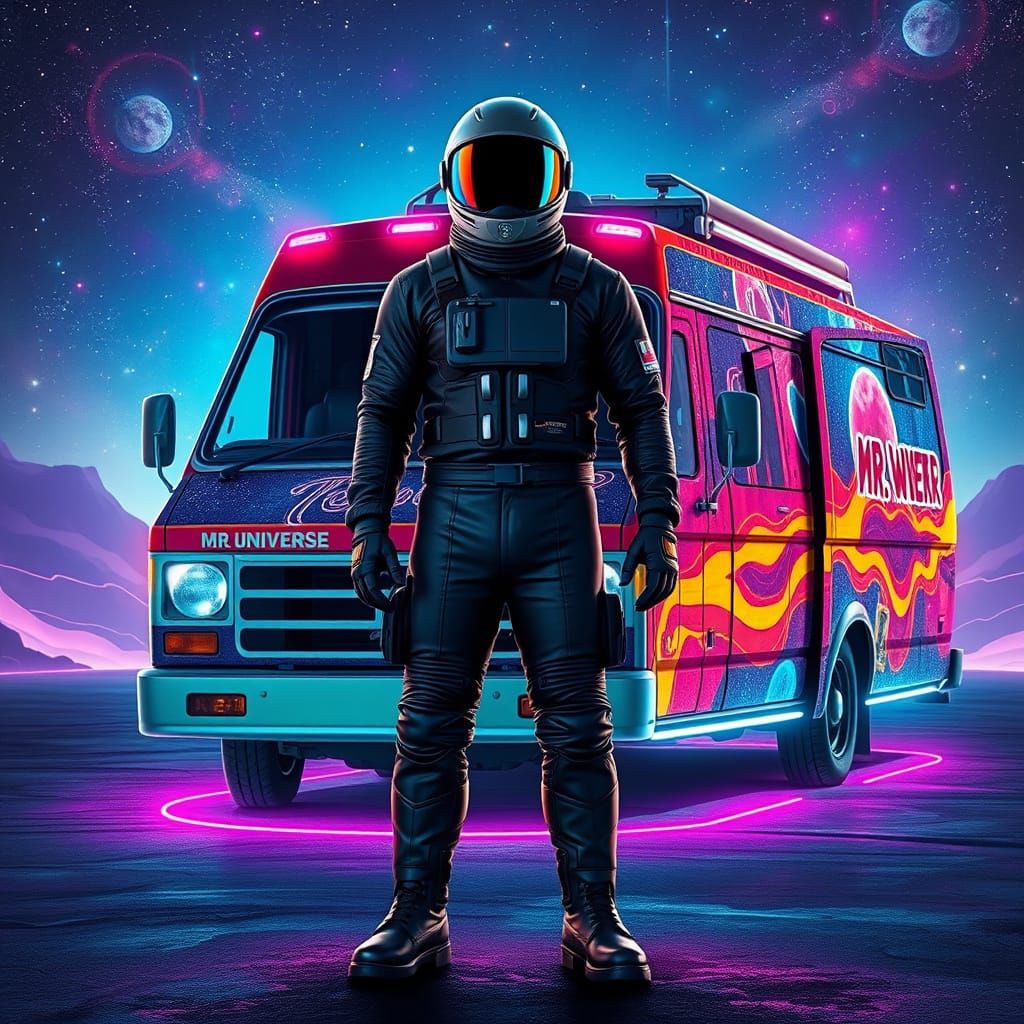 Futuristic Space Traveler in a Cosmic Van