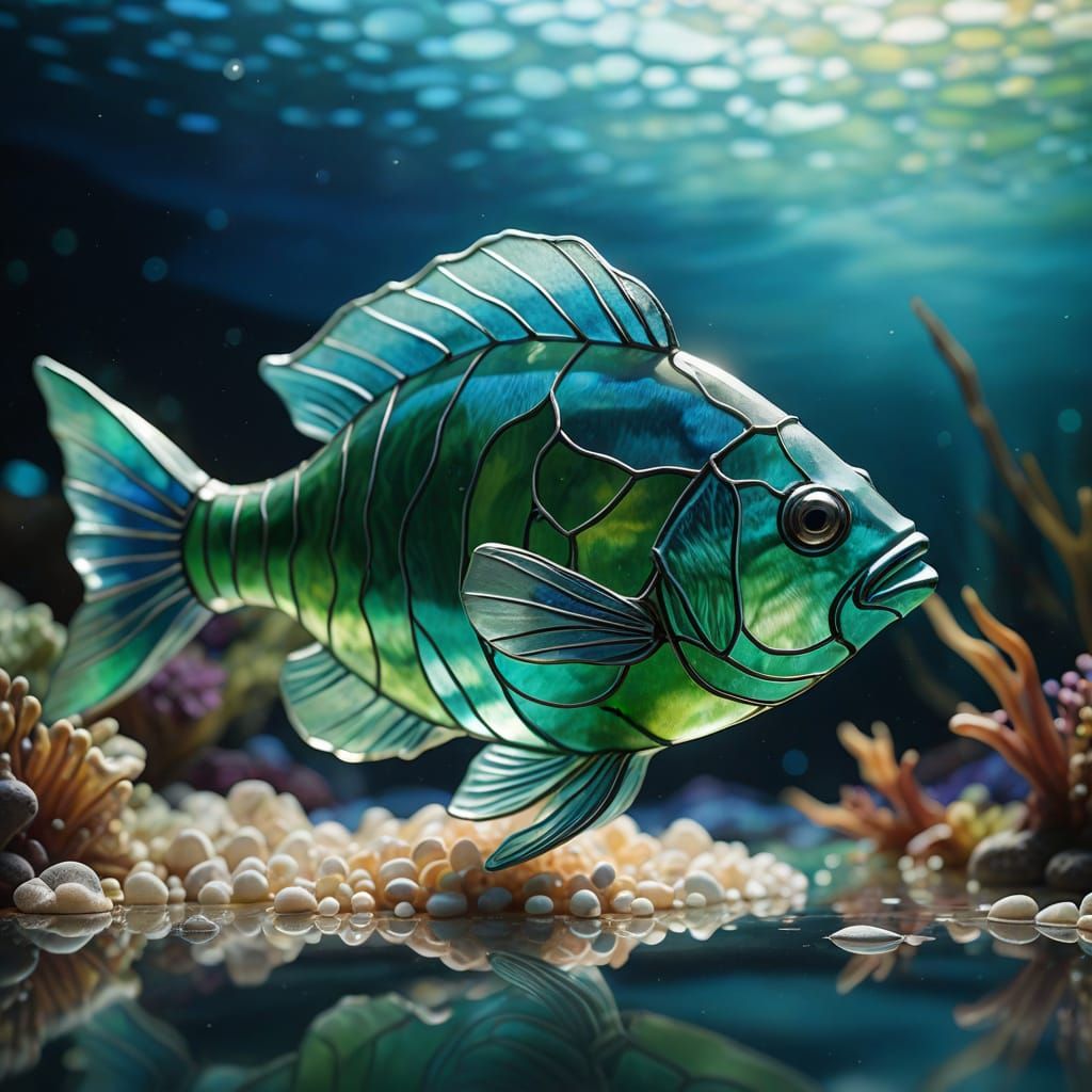 Sea Glass Fish Sculpture in Tank, Tiffany Style