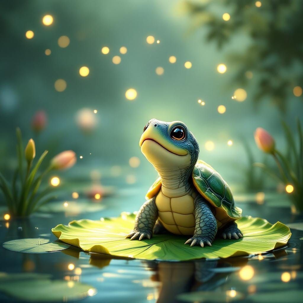 Realistic Turtle Singing in Pond with Fireflies