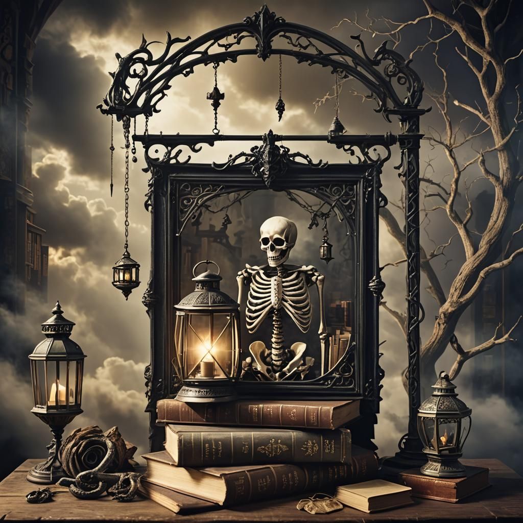 Gothic Album Cover with Snake Skeleton and Lantern