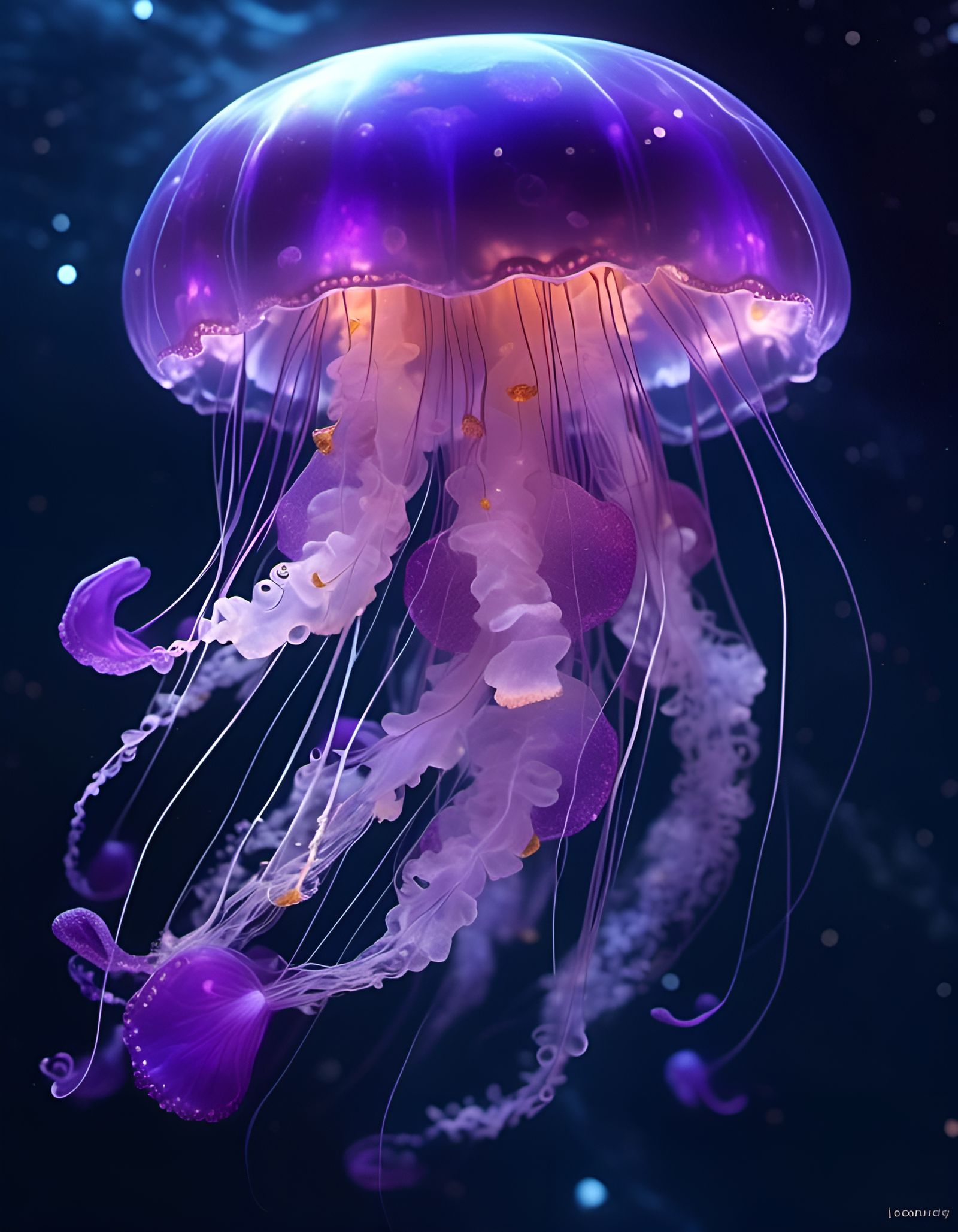Bioluminescent Jellyfish Drifting Through a Purple Milky Way