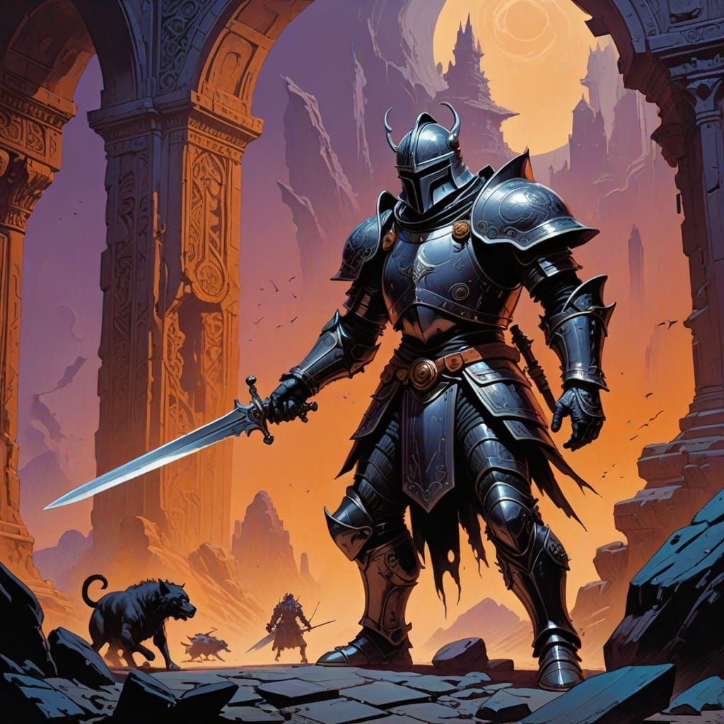 Knight in Futuristic Armor Duels Void Beast in Alien Temple